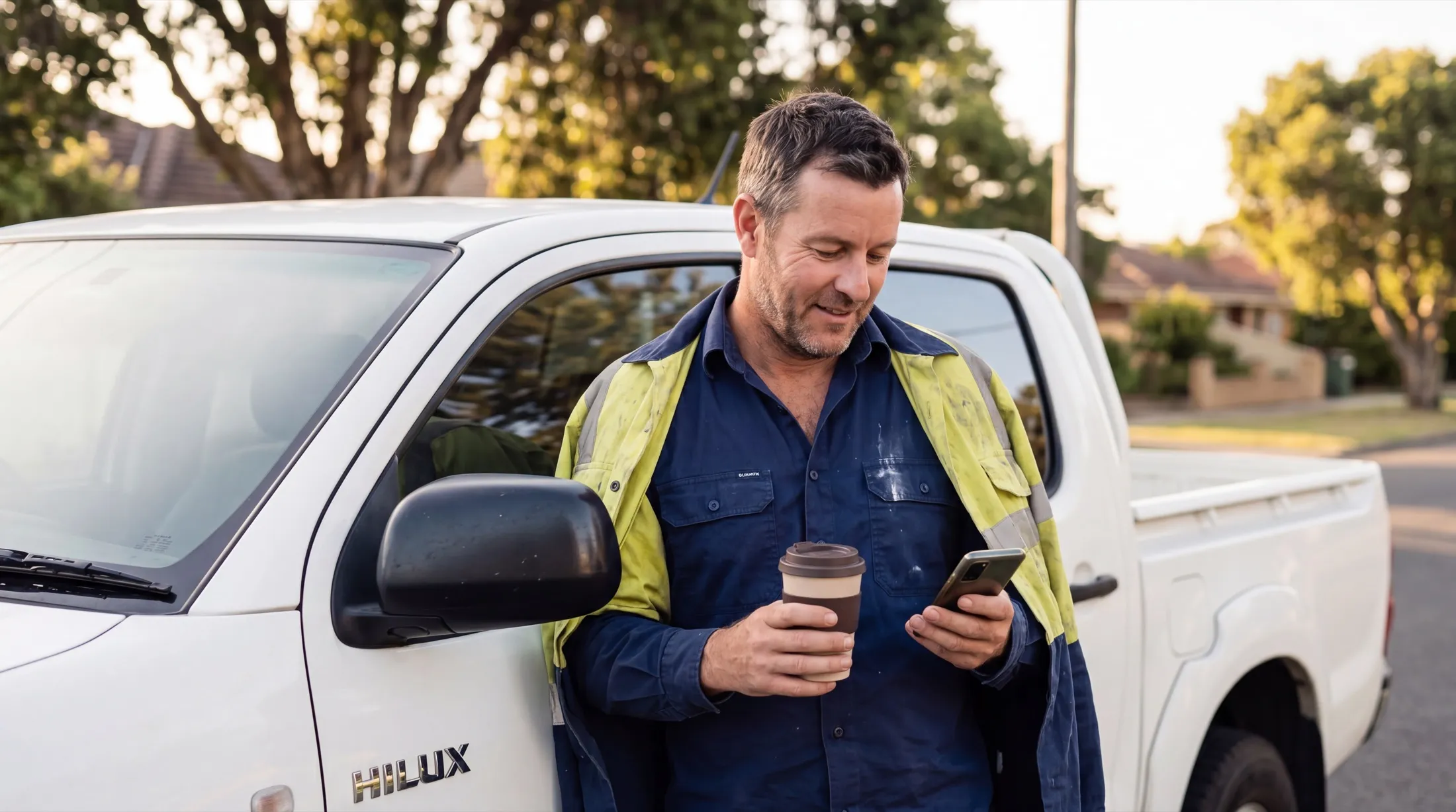 A builder outside his ute in the early light, coffee in one hand, phone in the other.