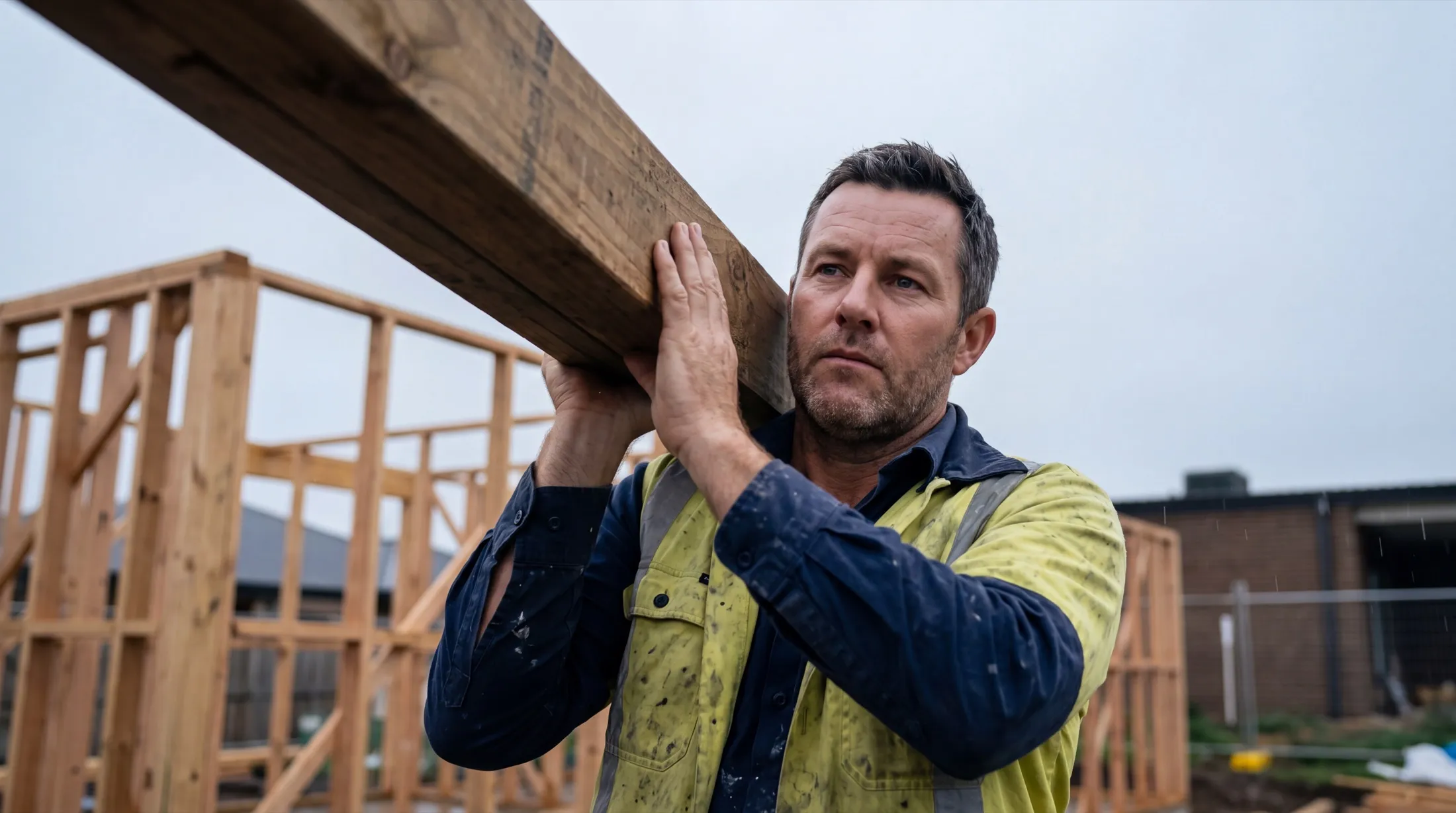 A builder carrying a length of timber on his shoulder, framing going up behind him.
